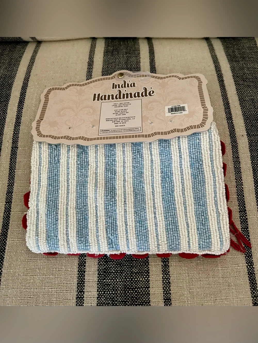 Blue & White Beaded Pouch with Red Tassel